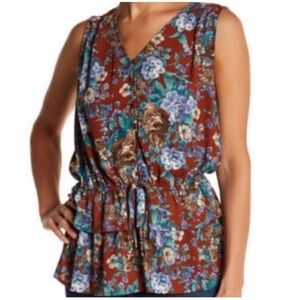 New Pleione Rust Red Floral Sleeveless Ruffled Cinched Waist Top Blouse L BNWT